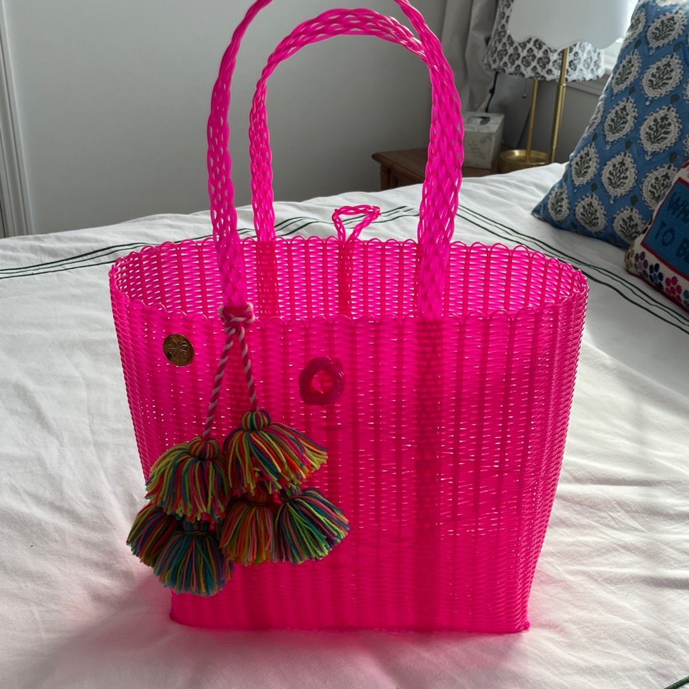 Terez Neon Pink Woven Tote with Multicolor Tassels